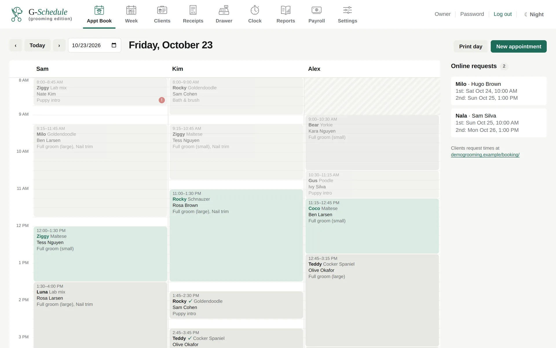 G-Schedule appointment book with groomer columns and online requests.