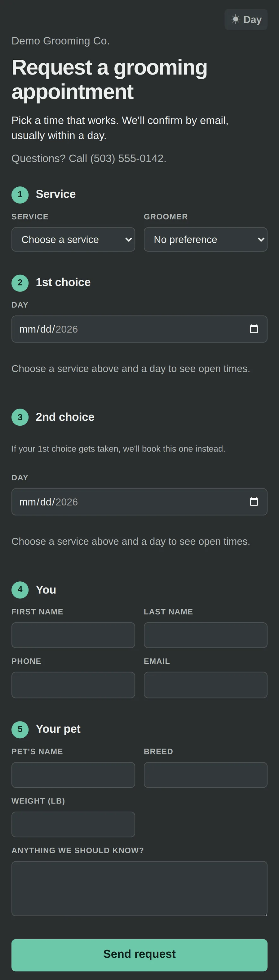 Online booking in night mode.