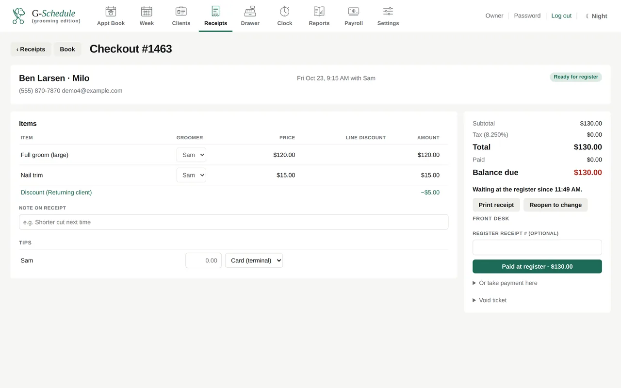 Checkout ticket with line items.