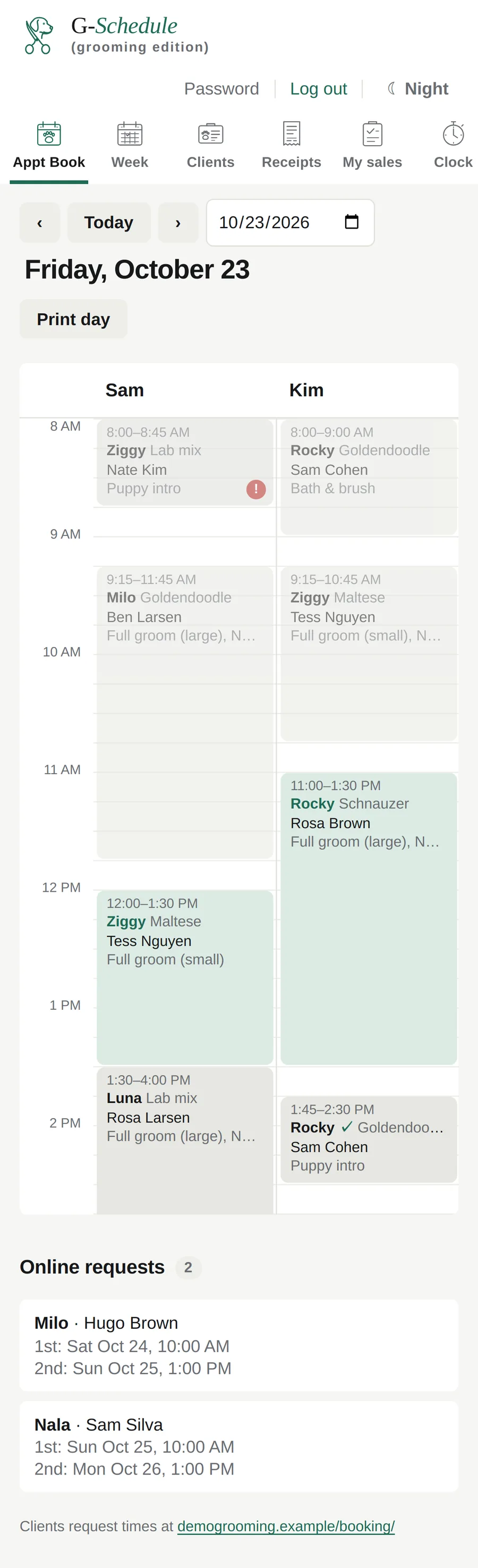 Phone appointment book with online requests.