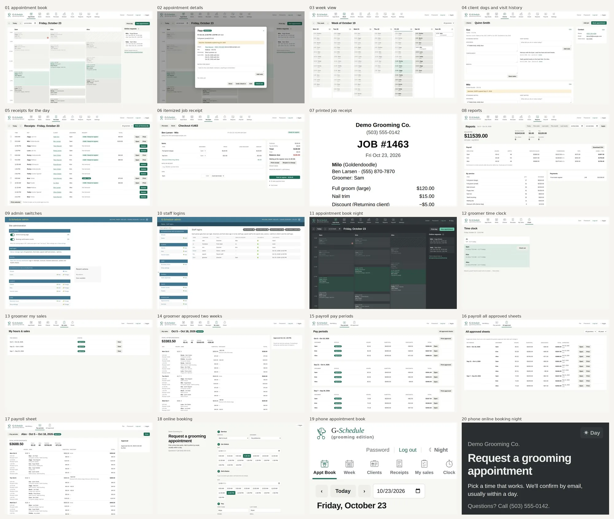 Collage of G-Schedule screens from appointment book through payroll and booking.